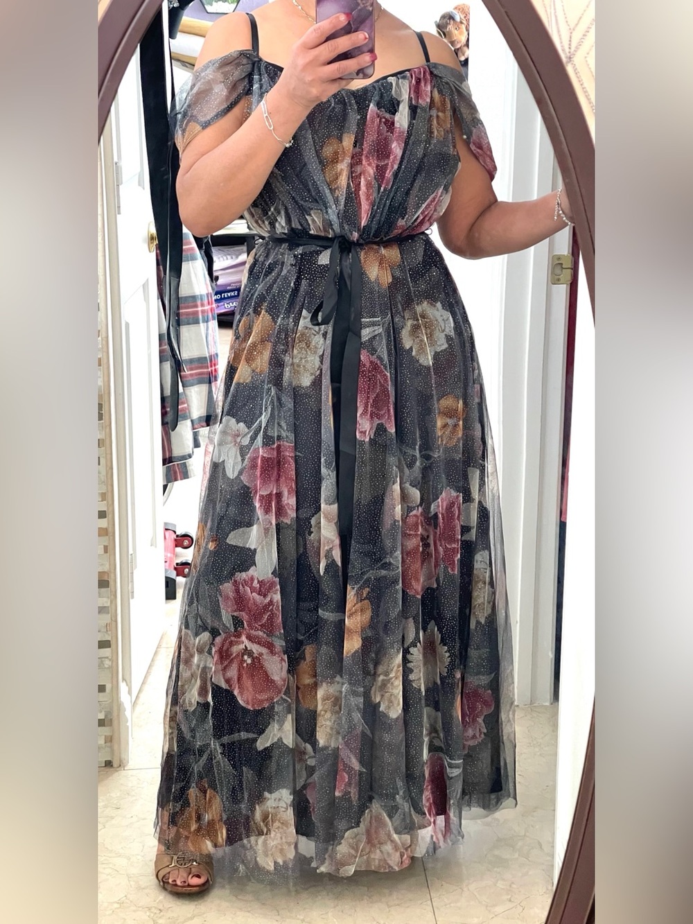Off-Shoulder Black Floral Sparkling Maxi Dress with Sash